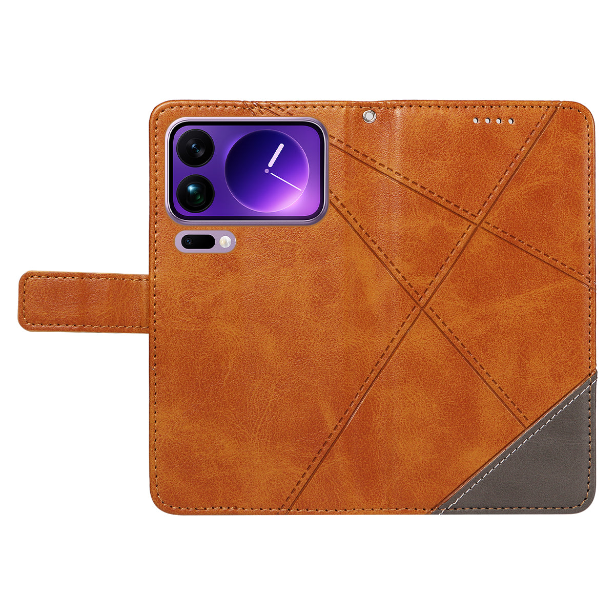 For Xiaomi 17 Pro Max Leather Case Geometric Line Design Wallet Phone Cover with Wrist Strap - Brown