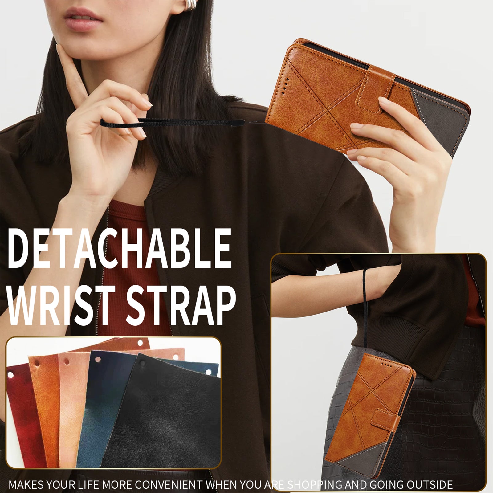 For Xiaomi 17 Pro Max Leather Case Geometric Line Design Wallet Phone Cover with Wrist Strap - Brown