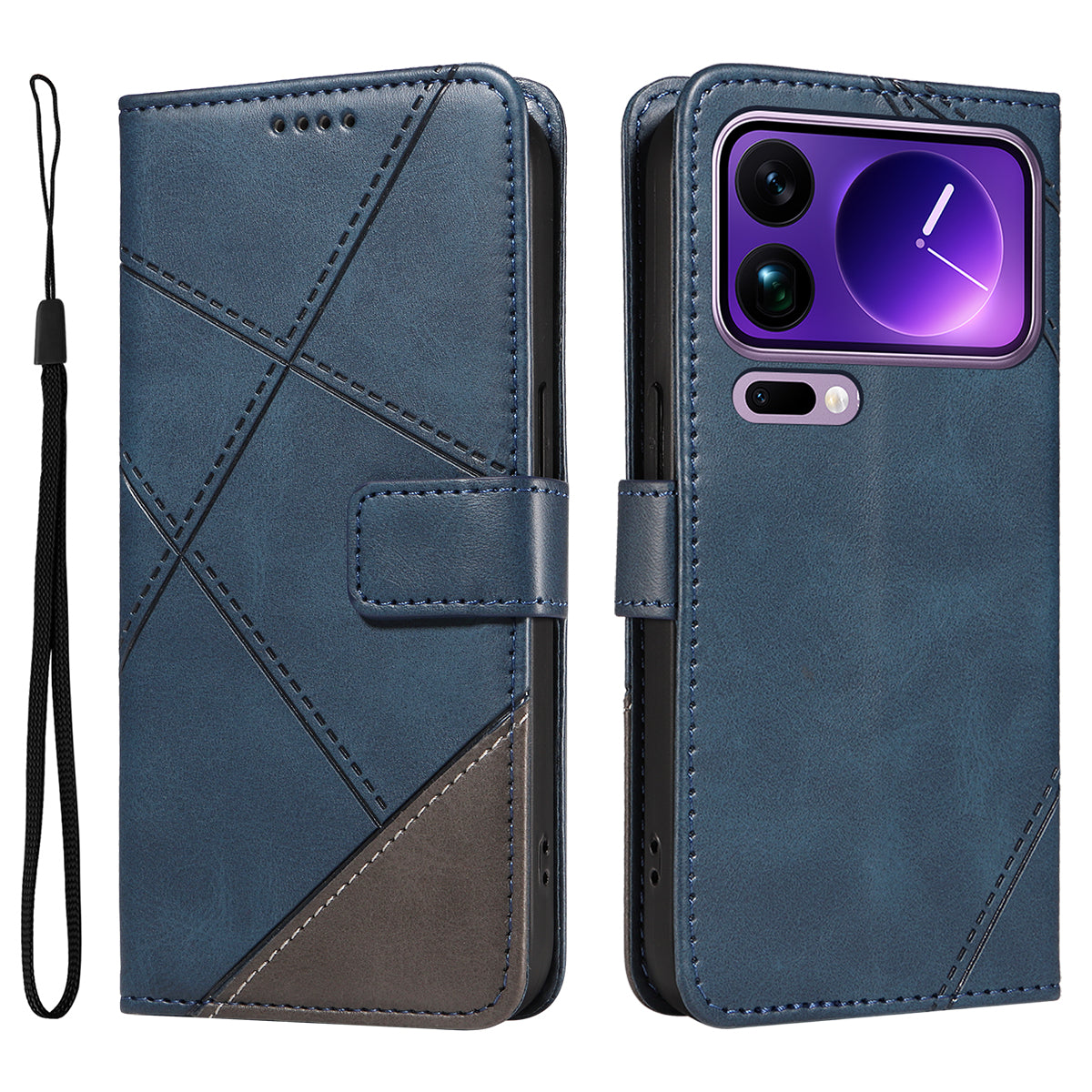 For Xiaomi 17 Pro Max Leather Case Geometric Line Design Wallet Phone Cover with Wrist Strap - Blue