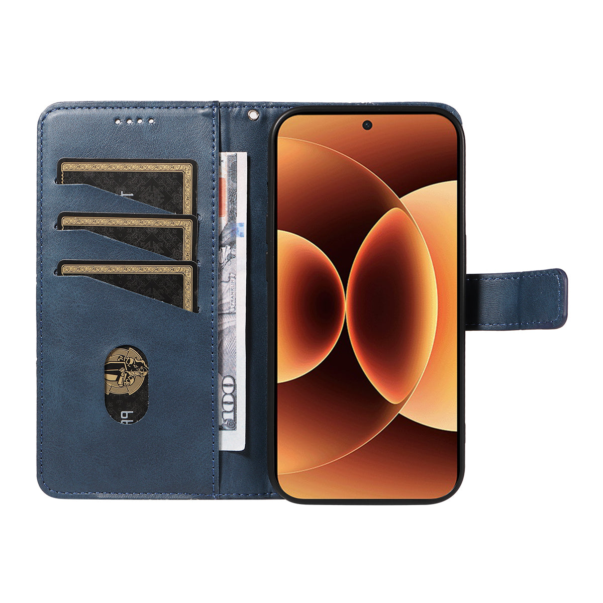 For Xiaomi 17 Pro Max Leather Case Geometric Line Design Wallet Phone Cover with Wrist Strap - Blue