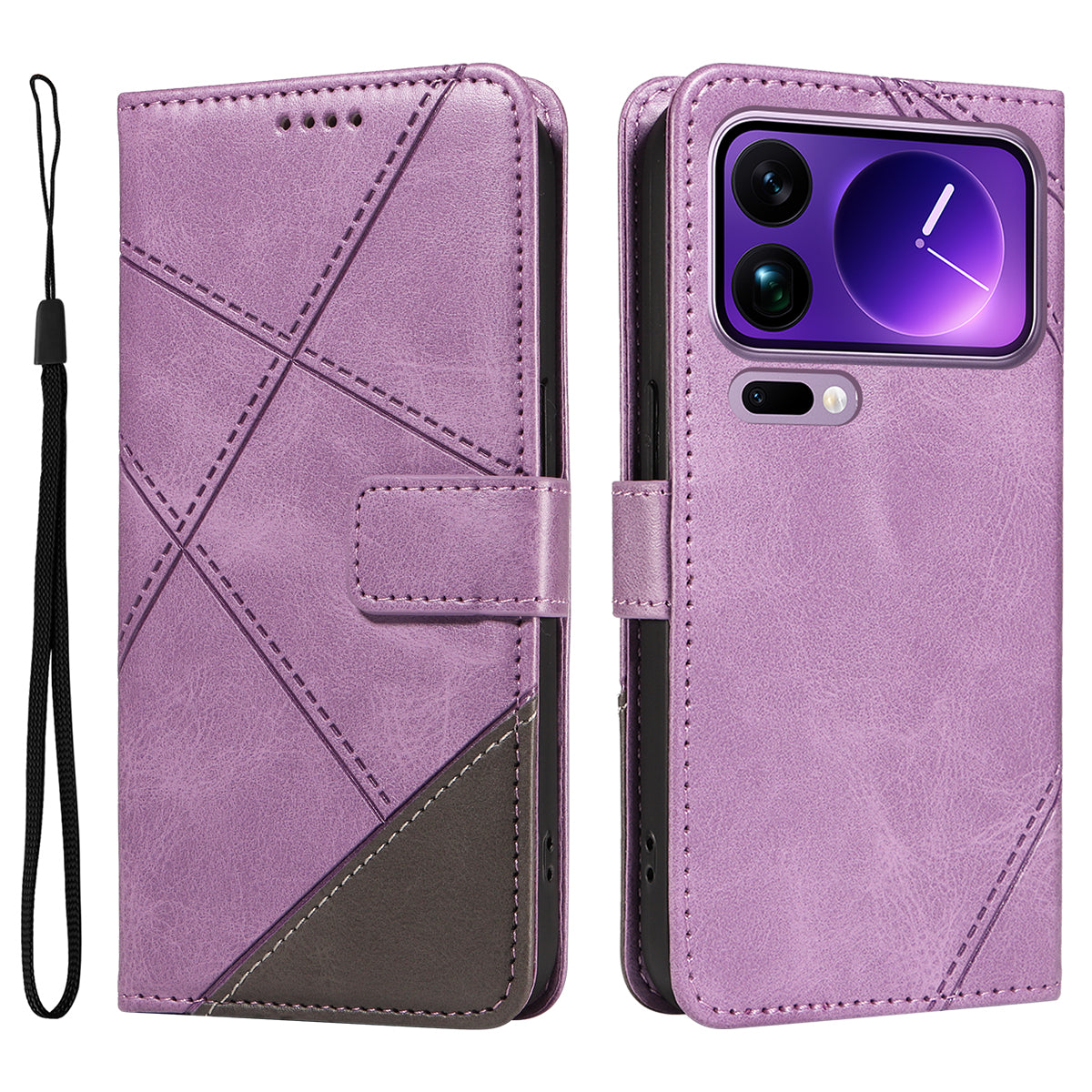 For Xiaomi 17 Pro Max Leather Case Geometric Line Design Wallet Phone Cover with Wrist Strap - Purple
