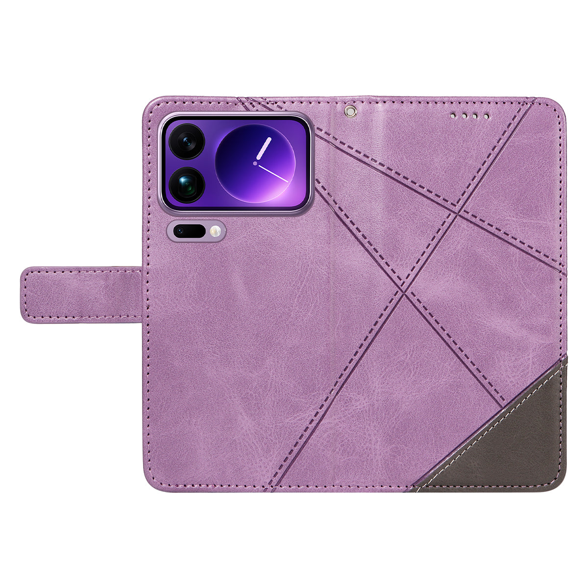 For Xiaomi 17 Pro Max Leather Case Geometric Line Design Wallet Phone Cover with Wrist Strap - Purple