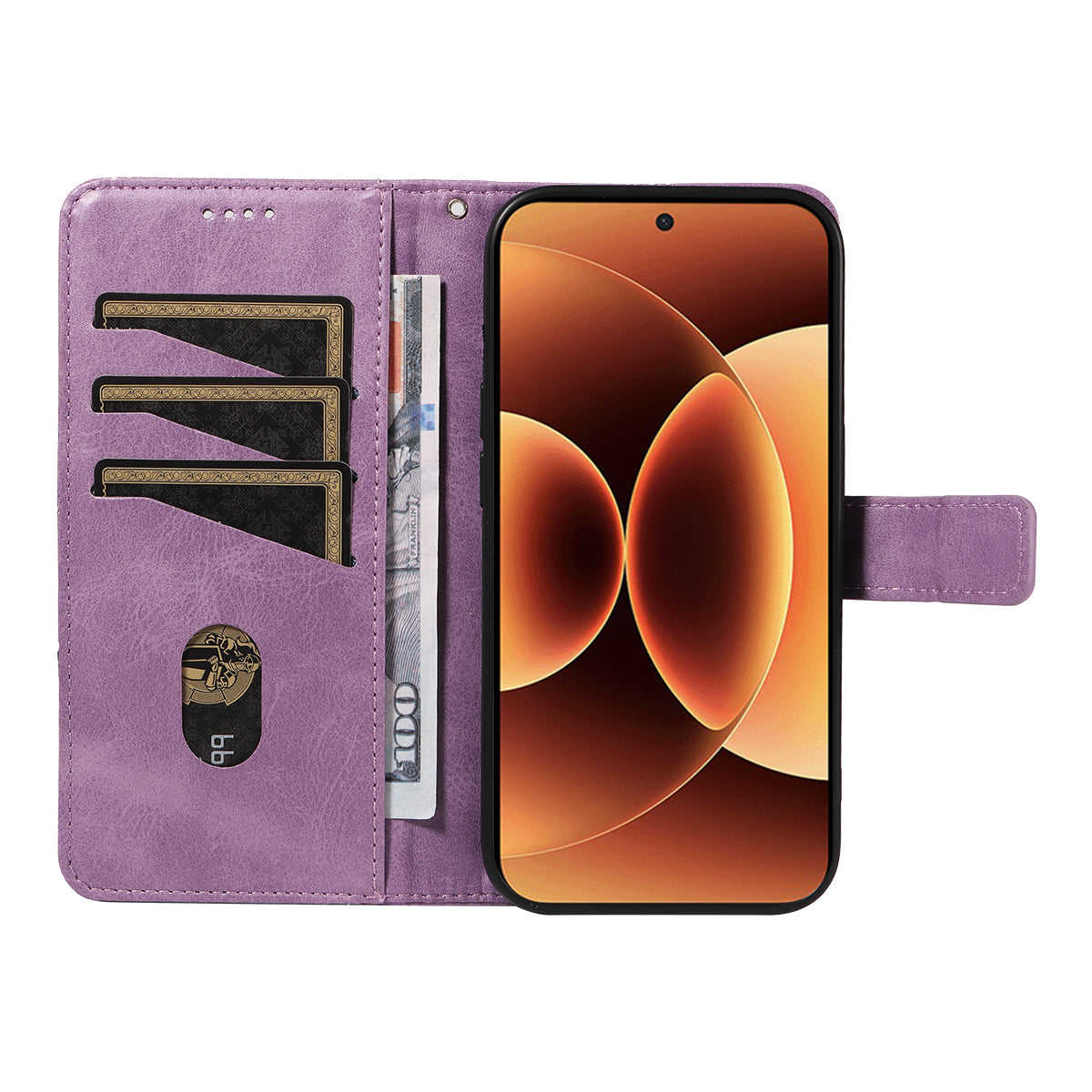 For Xiaomi 17 Pro Max Leather Case Geometric Line Design Wallet Phone Cover with Wrist Strap - Purple