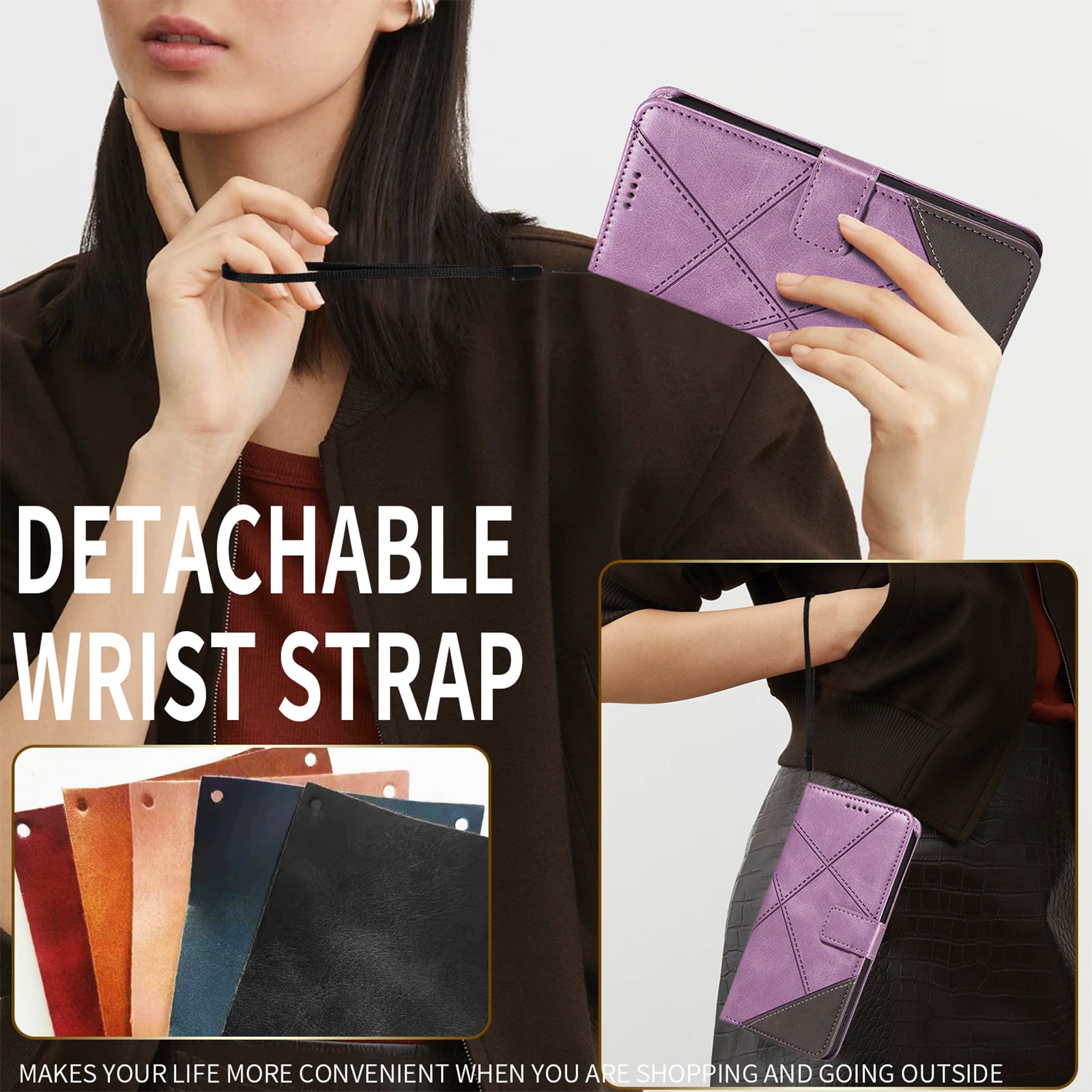 For Xiaomi 17 Pro Max Leather Case Geometric Line Design Wallet Phone Cover with Wrist Strap - Purple