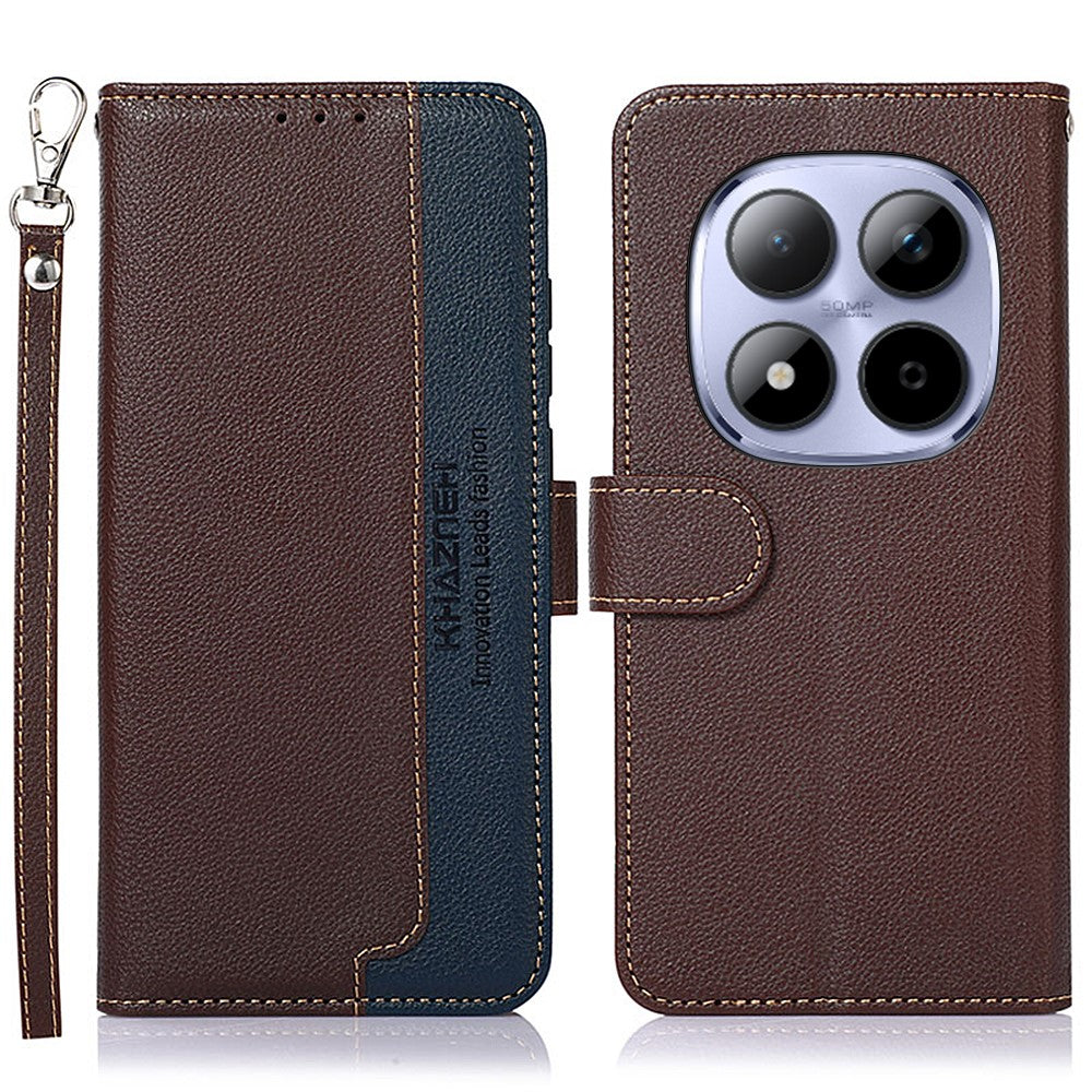 KHAZNEH For Xiaomi Redmi Note 15 Pro 5G (Global) Case RFID Blocking Wallet Litchi Texture PU Leather Phone Cover with Strap - Brown