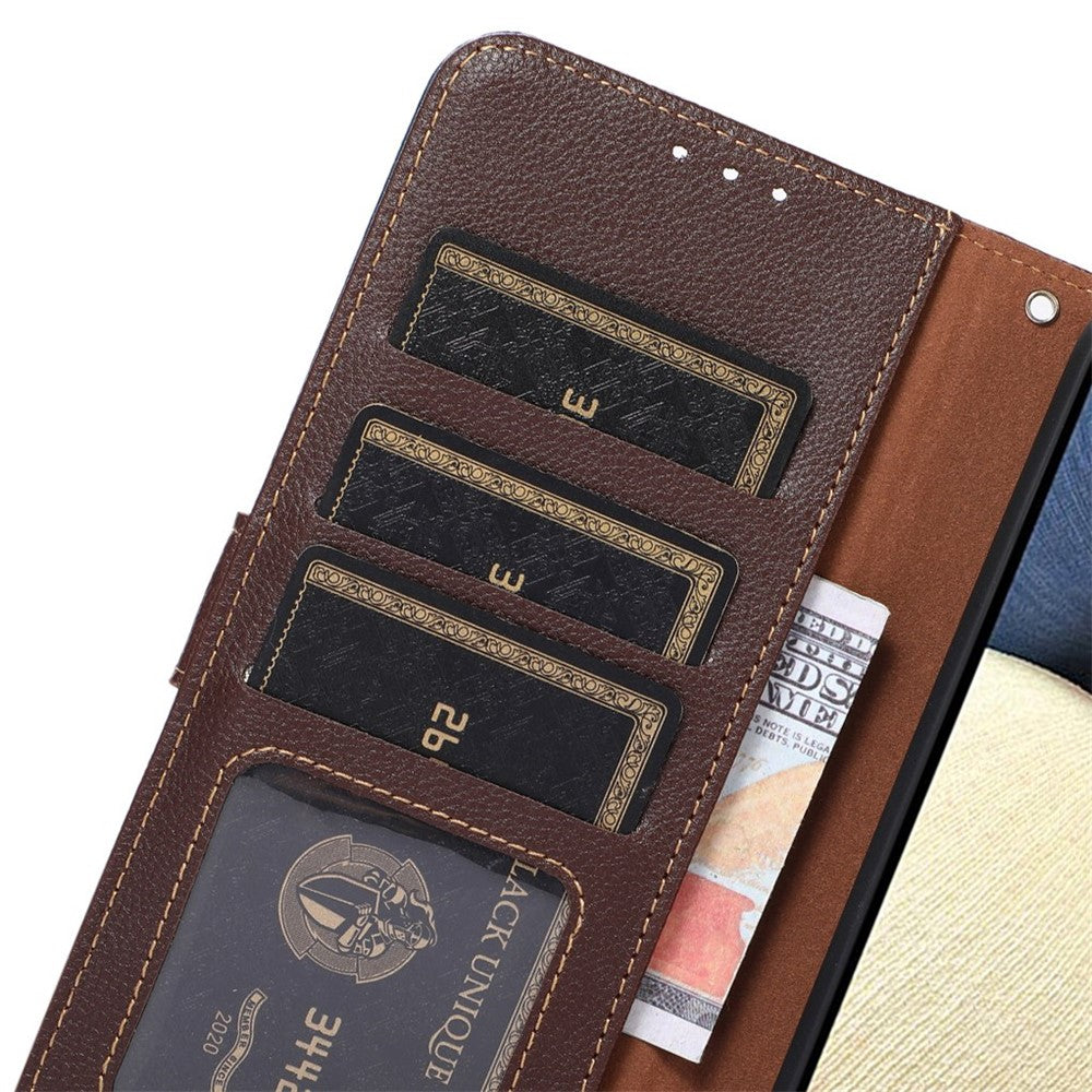 KHAZNEH For Xiaomi Redmi Note 15 Pro 5G (Global) Case RFID Blocking Wallet Litchi Texture PU Leather Phone Cover with Strap - Brown