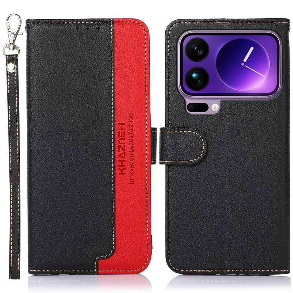 KHAZNEH For Xiaomi 17 Pro Case RFID Blocking Wallet Litchi Texture PU Leather Phone Cover with Strap - Black