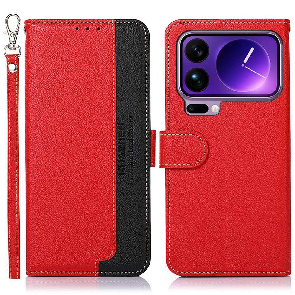 KHAZNEH For Xiaomi 17 Pro Case RFID Blocking Wallet Litchi Texture PU Leather Phone Cover with Strap - Red