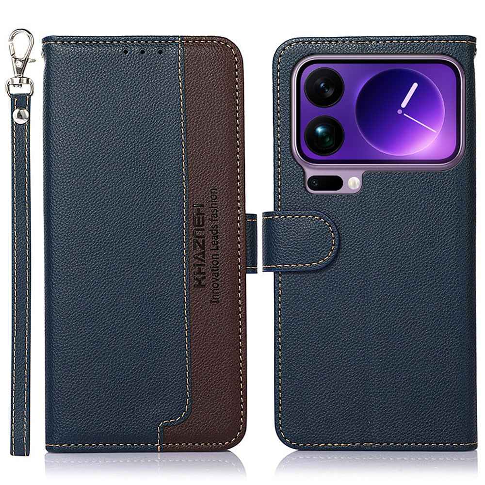 KHAZNEH For Xiaomi 17 Pro Case RFID Blocking Wallet Litchi Texture PU Leather Phone Cover with Strap - Blue