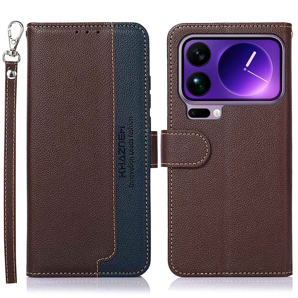 KHAZNEH For Xiaomi 17 Pro Case RFID Blocking Wallet Litchi Texture PU Leather Phone Cover with Strap - Brown