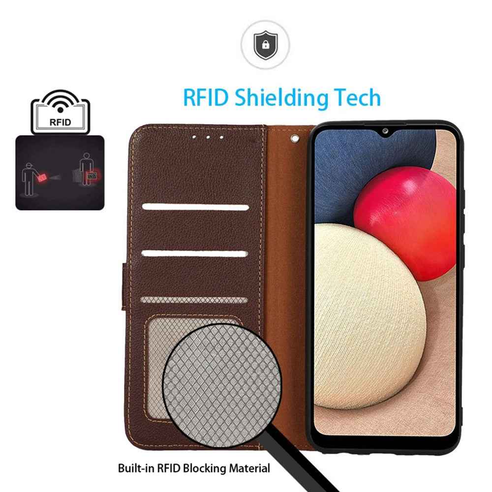 KHAZNEH For Xiaomi 17 Pro Case RFID Blocking Wallet Litchi Texture PU Leather Phone Cover with Strap - Brown