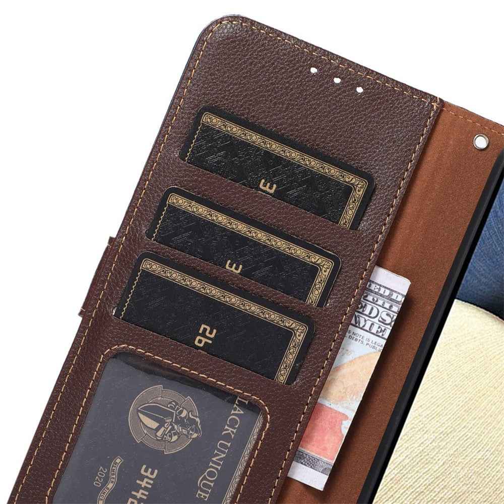 KHAZNEH For Xiaomi 17 Pro Case RFID Blocking Wallet Litchi Texture PU Leather Phone Cover with Strap - Brown