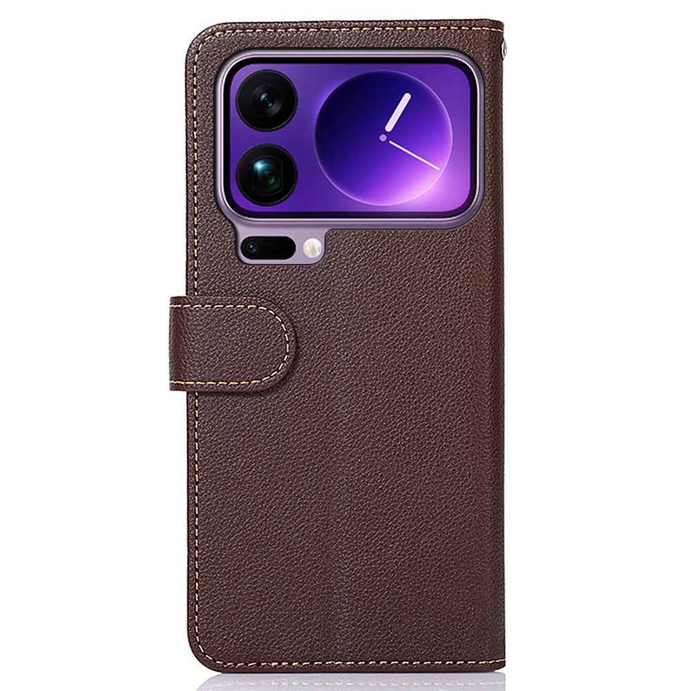 KHAZNEH For Xiaomi 17 Pro Case RFID Blocking Wallet Litchi Texture PU Leather Phone Cover with Strap - Brown