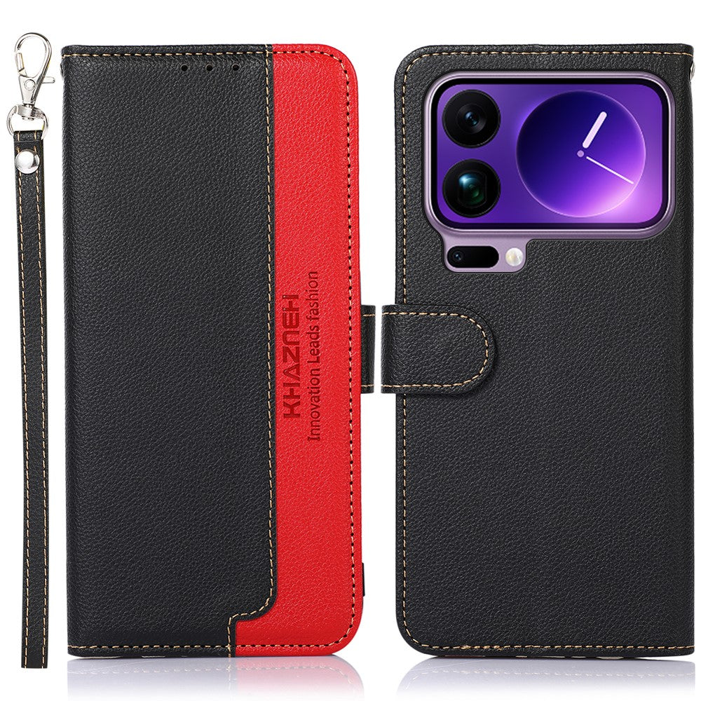 KHAZNEH For Xiaomi 17 Pro Max Case RFID Blocking Wallet Litchi Texture PU Leather Phone Cover with Strap - Black