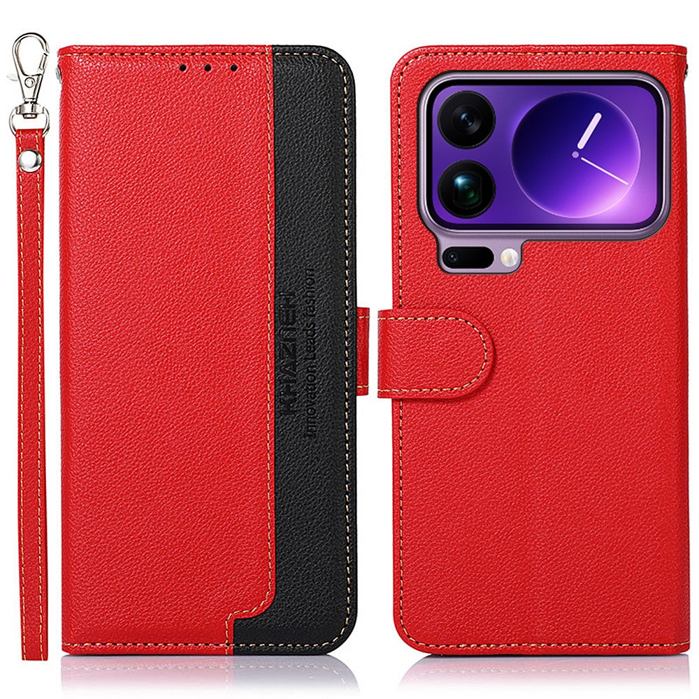 KHAZNEH For Xiaomi 17 Pro Max Case RFID Blocking Wallet Litchi Texture PU Leather Phone Cover with Strap - Red