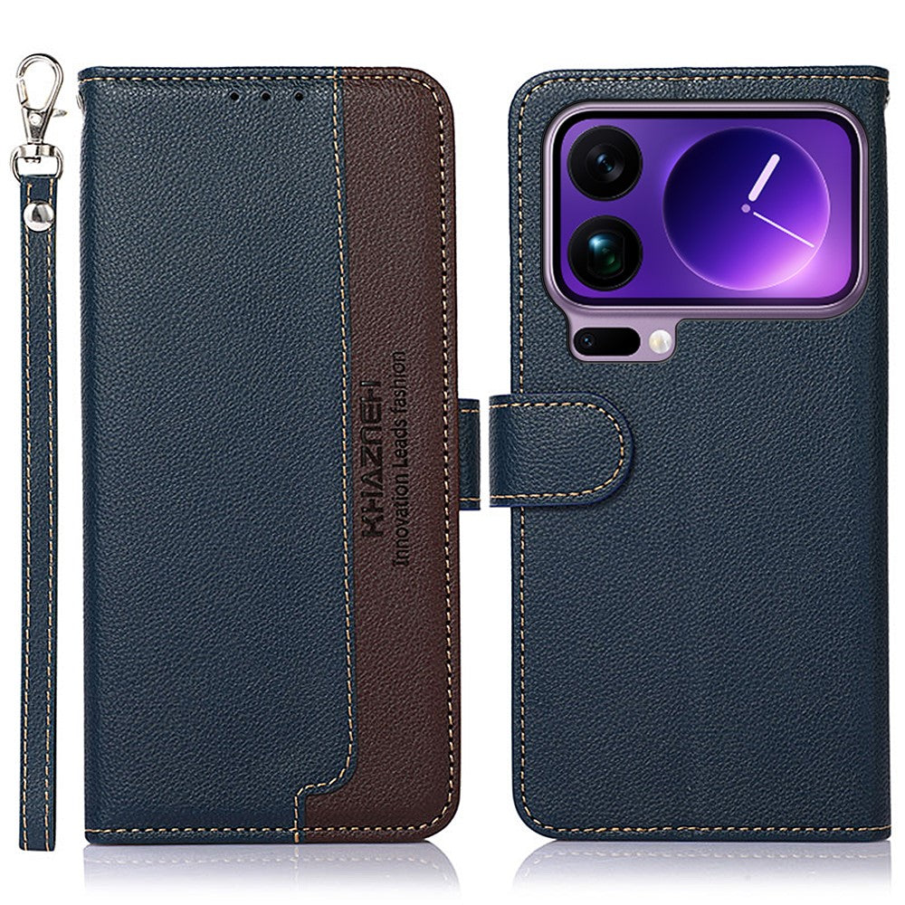 KHAZNEH For Xiaomi 17 Pro Max Case RFID Blocking Wallet Litchi Texture PU Leather Phone Cover with Strap - Blue