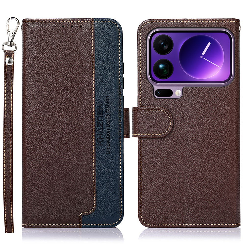 KHAZNEH For Xiaomi 17 Pro Max Case RFID Blocking Wallet Litchi Texture PU Leather Phone Cover with Strap - Brown