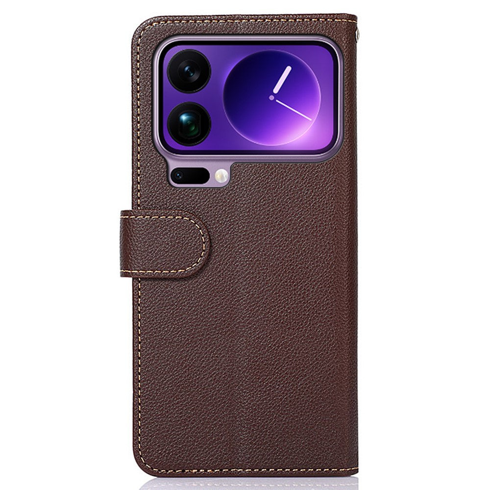 KHAZNEH For Xiaomi 17 Pro Max Case RFID Blocking Wallet Litchi Texture PU Leather Phone Cover with Strap - Brown