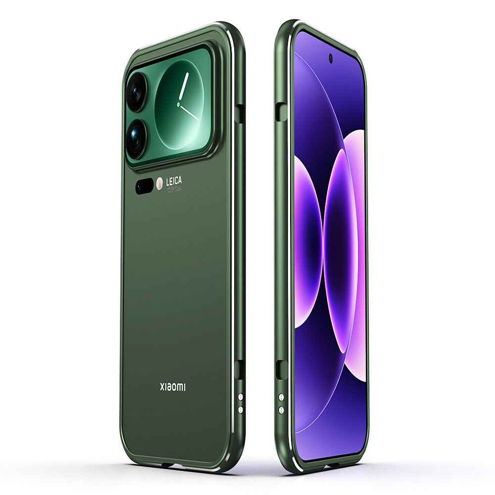 For Xiaomi 17 Pro Bumper Case Lens Protector Dual Color Metal Frame Phone Cover with Screw Lock - Green / Silver