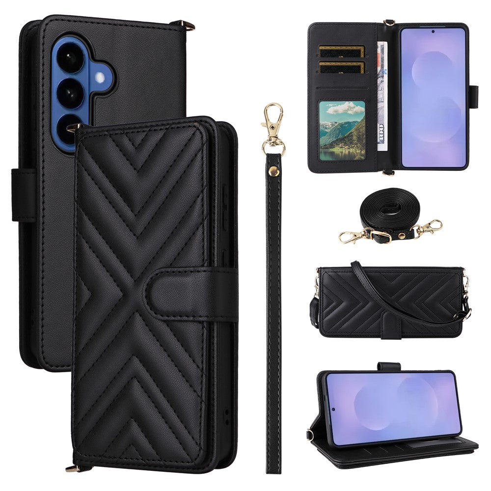 For-Samsung-Galaxy-S26-/-S26-Pro-Case-with-Shoulder-/-Wrist-Strap-Leather-Phone-Cover-Stand-Wallet-Black