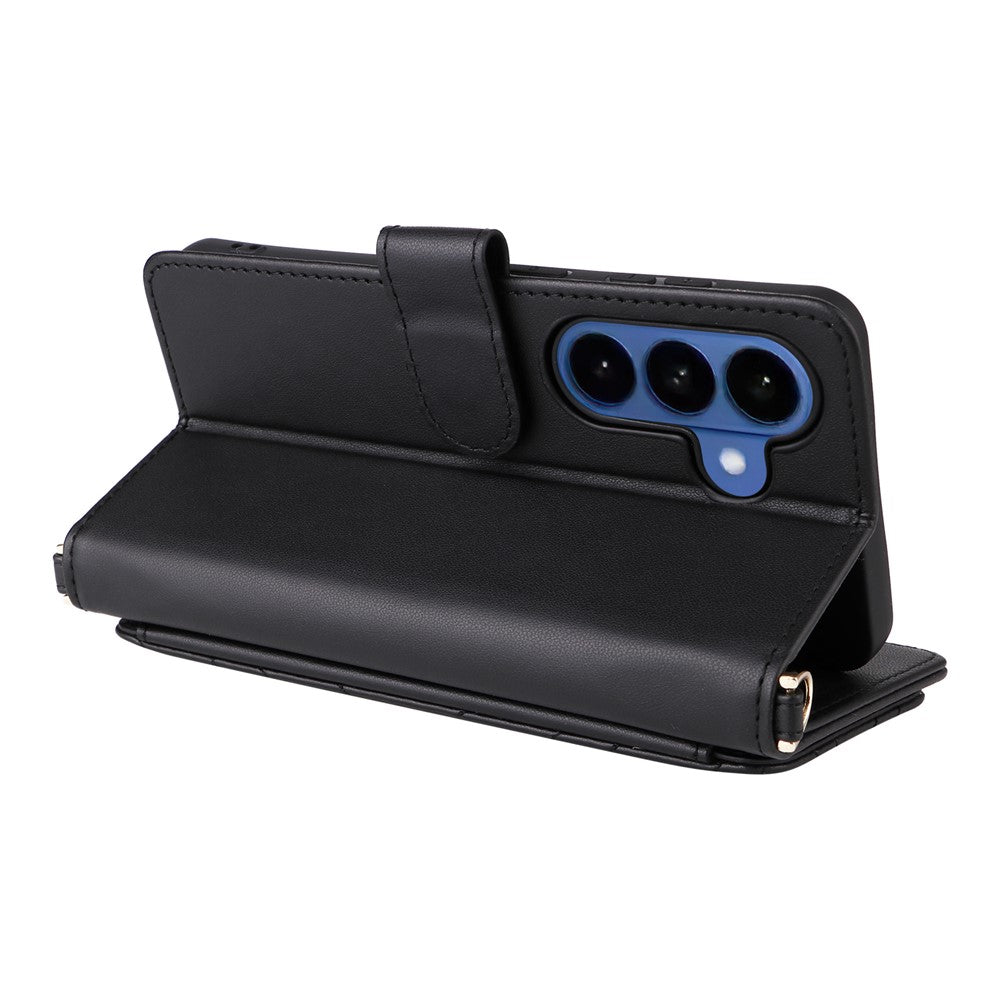 For-Samsung-Galaxy-S26-/-S26-Pro-Case-with-Shoulder-/-Wrist-Strap-Leather-Phone-Cover-Stand-Wallet-Black