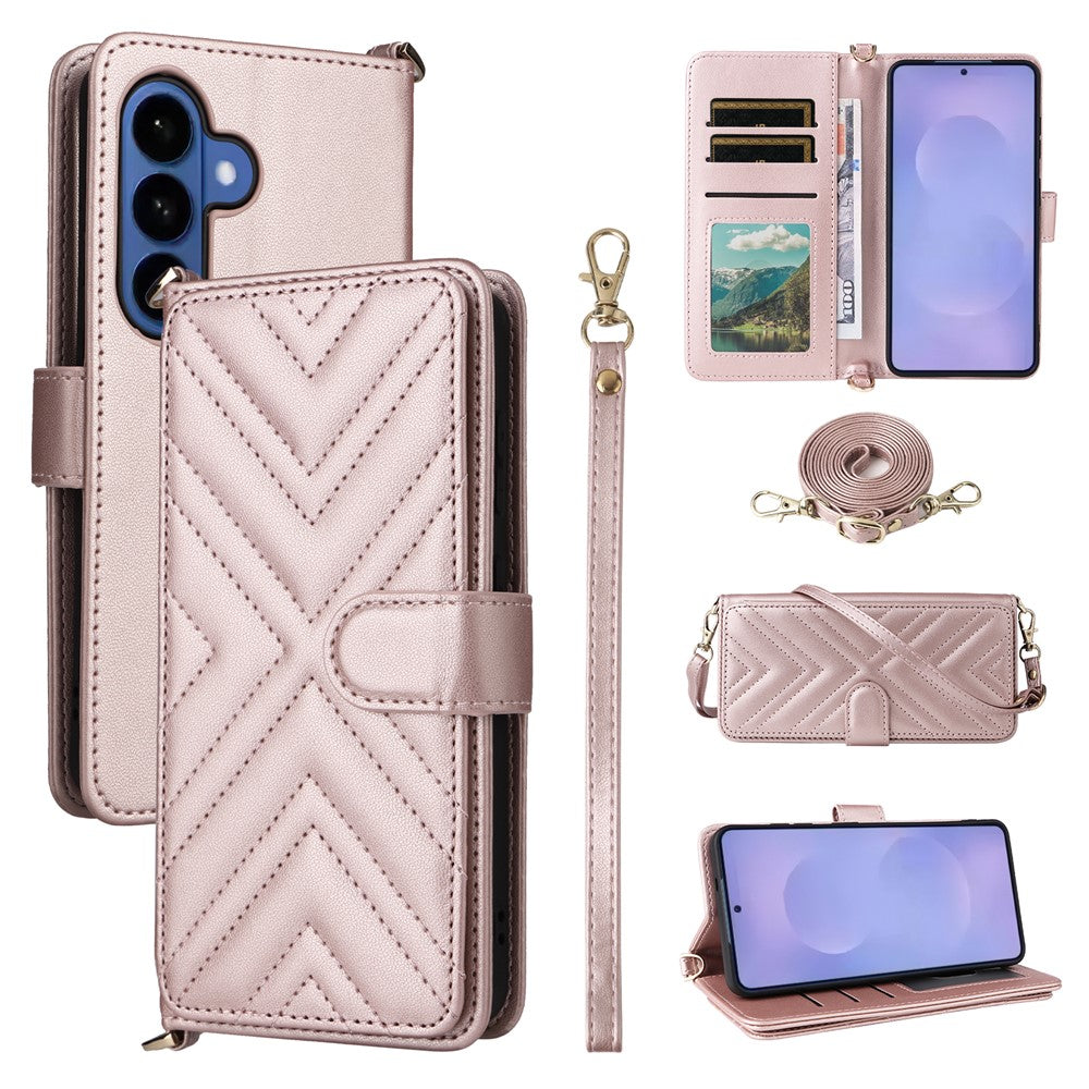 For-Samsung-Galaxy-S26-/-S26-Pro-Case-with-Shoulder-/-Wrist-Strap-Leather-Phone-Cover-Stand-Wallet-Pink