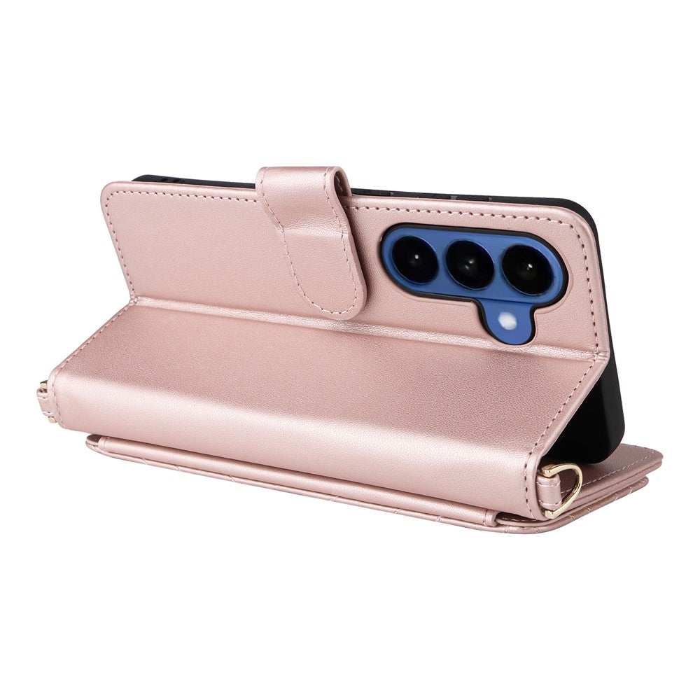 For-Samsung-Galaxy-S26-/-S26-Pro-Case-with-Shoulder-/-Wrist-Strap-Leather-Phone-Cover-Stand-Wallet-Pink