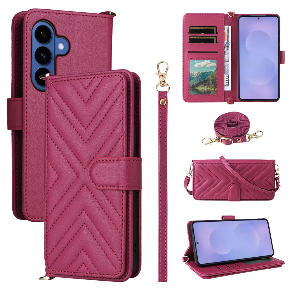 For-Samsung-Galaxy-S26-/-S26-Pro-Case-with-Shoulder-/-Wrist-Strap-Leather-Phone-Cover-Stand-Wallet-Rose