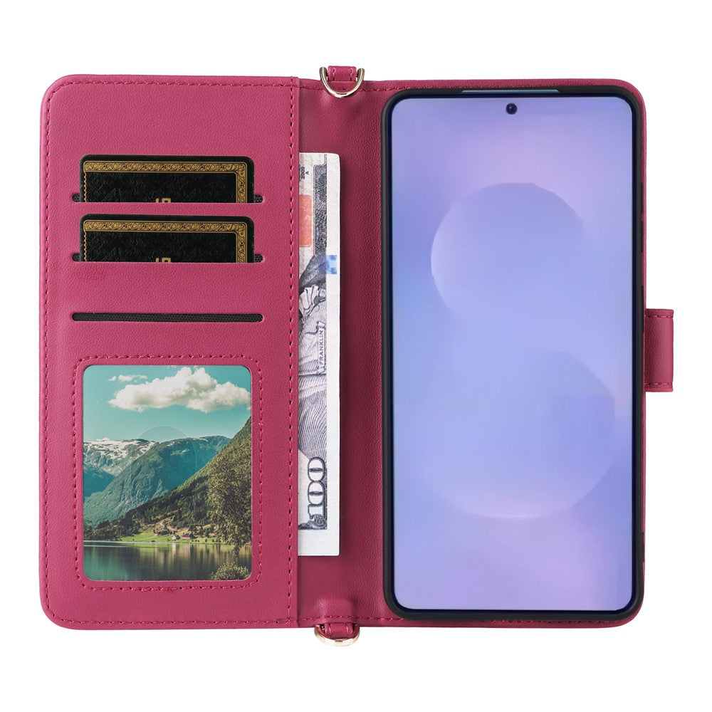 For-Samsung-Galaxy-S26-/-S26-Pro-Case-with-Shoulder-/-Wrist-Strap-Leather-Phone-Cover-Stand-Wallet-Rose