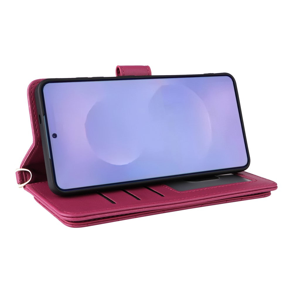 For-Samsung-Galaxy-S26-/-S26-Pro-Case-with-Shoulder-/-Wrist-Strap-Leather-Phone-Cover-Stand-Wallet-Rose