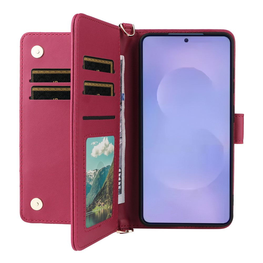 For-Samsung-Galaxy-S26-/-S26-Pro-Case-with-Shoulder-/-Wrist-Strap-Leather-Phone-Cover-Stand-Wallet-Rose