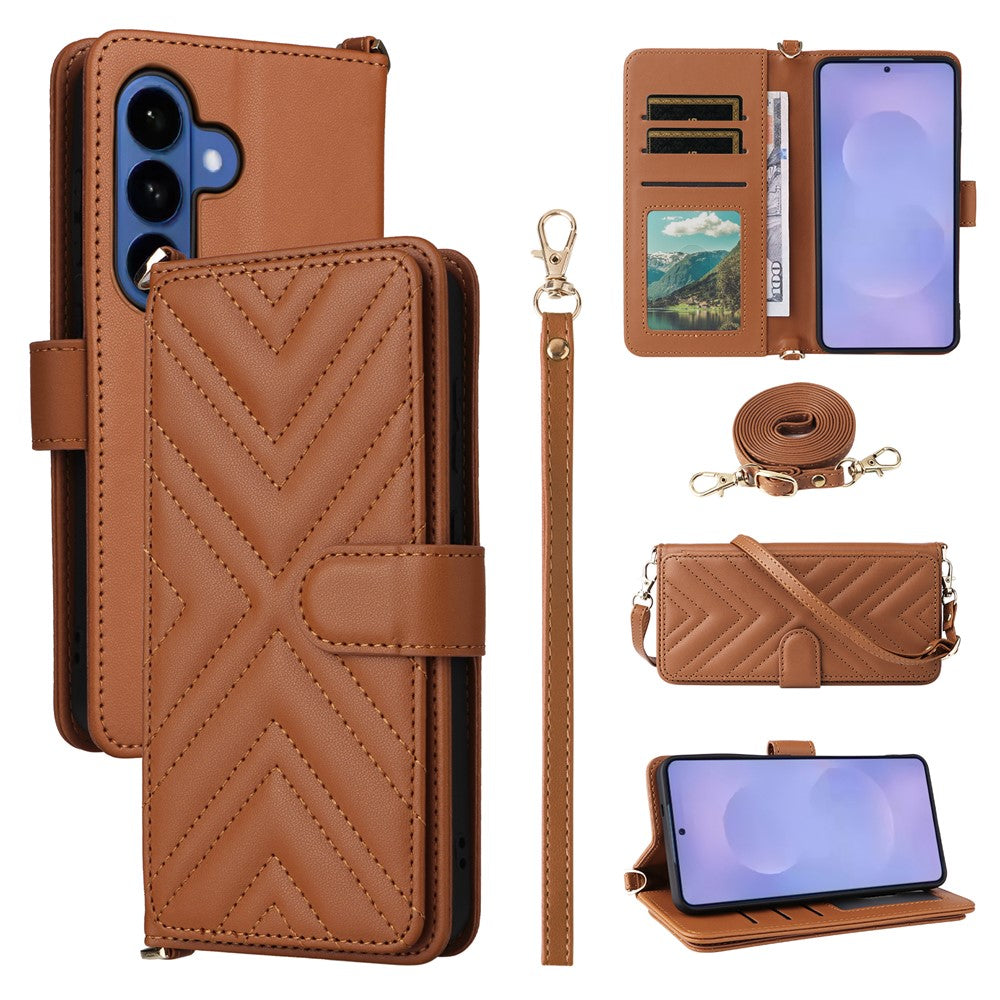 For-Samsung-Galaxy-S26-/-S26-Pro-Case-with-Shoulder-/-Wrist-Strap-Leather-Phone-Cover-Stand-Wallet-Brown