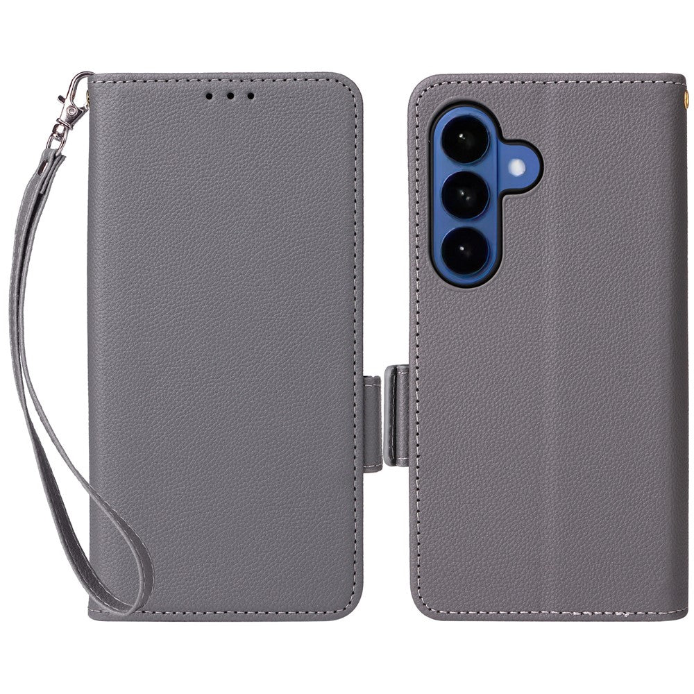 For-Samsung-Galaxy-S26-/-S26-Pro-Case-Litchi-Texture-Wallet-Leather-Phone-Cover-with-Wrist-Strap-Grey
