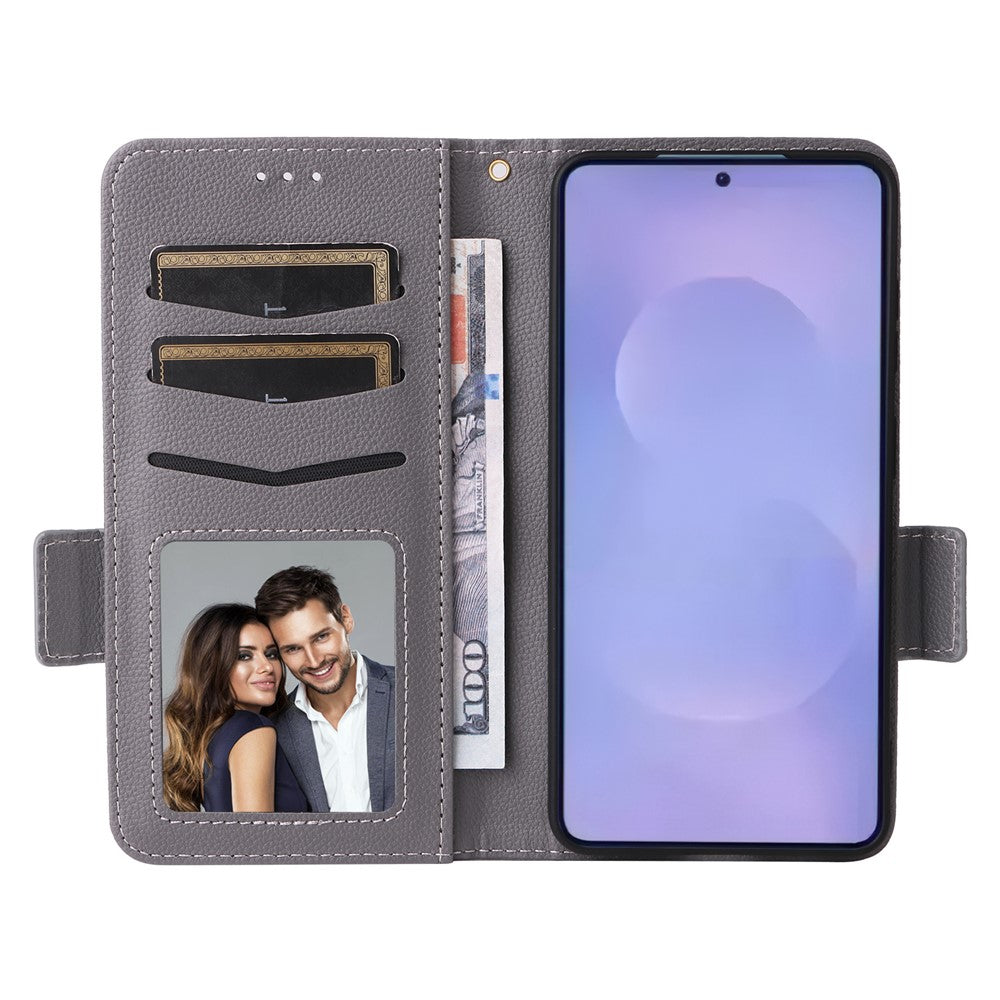 For-Samsung-Galaxy-S26-/-S26-Pro-Case-Litchi-Texture-Wallet-Leather-Phone-Cover-with-Wrist-Strap-Grey