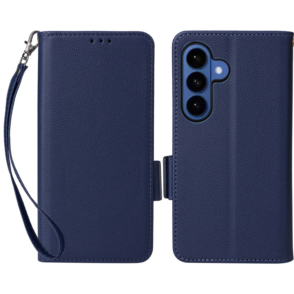 For-Samsung-Galaxy-S26-/-S26-Pro-Case-Litchi-Texture-Wallet-Leather-Phone-Cover-with-Wrist-Strap-Dark-Blue