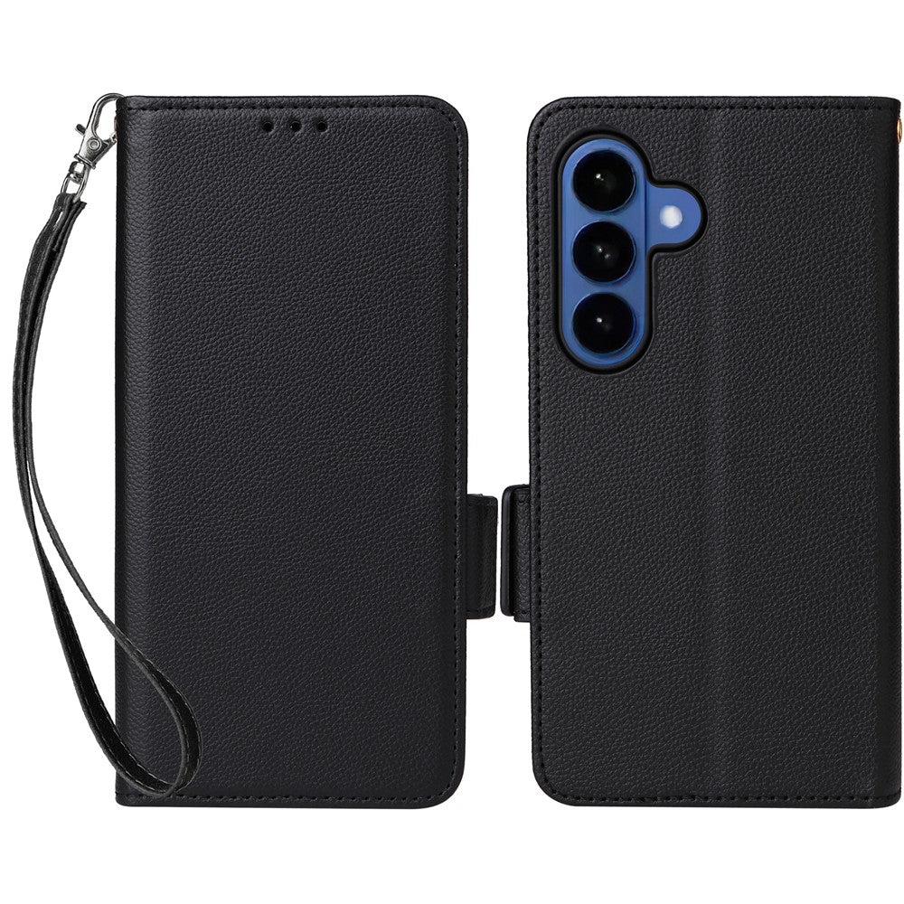 For-Samsung-Galaxy-S26-/-S26-Pro-Case-Litchi-Texture-Wallet-Leather-Phone-Cover-with-Wrist-Strap-Black