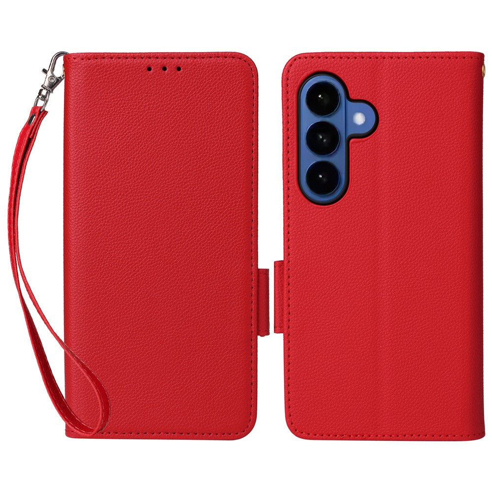 For-Samsung-Galaxy-S26-/-S26-Pro-Case-Litchi-Texture-Wallet-Leather-Phone-Cover-with-Wrist-Strap-Red