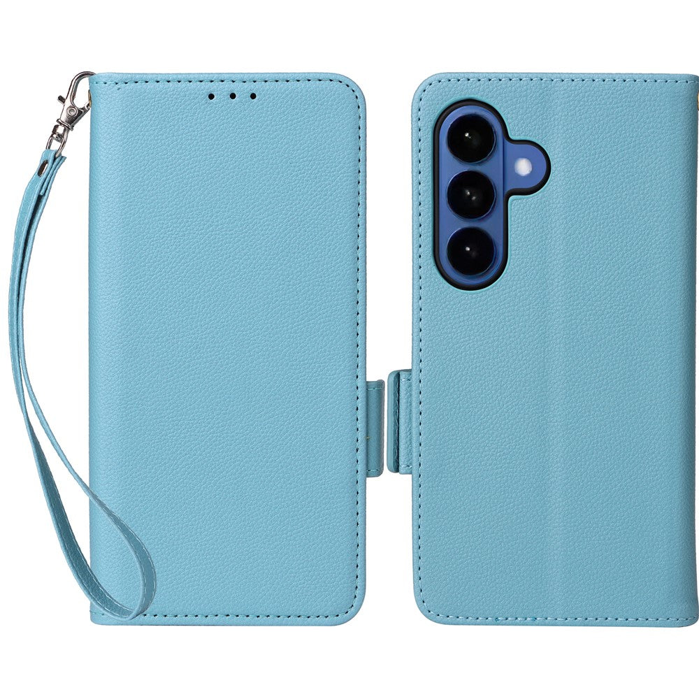 For-Samsung-Galaxy-S26-/-S26-Pro-Case-Litchi-Texture-Wallet-Leather-Phone-Cover-with-Wrist-Strap-Baby-Blue