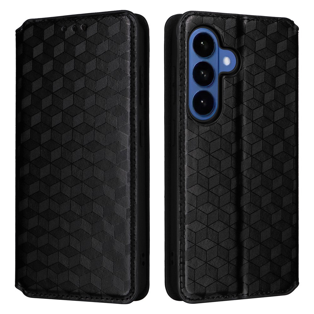 For-Samsung-Galaxy-S26-/-S26-Pro-Case-Wallet-Rhombus-Imprinted-Leather-Phone-Cover-Black