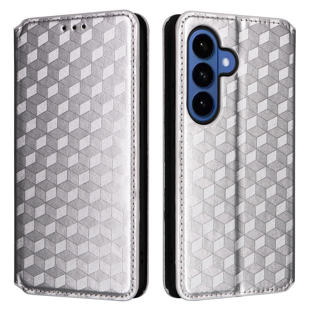 For-Samsung-Galaxy-S26-/-S26-Pro-Case-Wallet-Rhombus-Imprinted-Leather-Phone-Cover-Silver