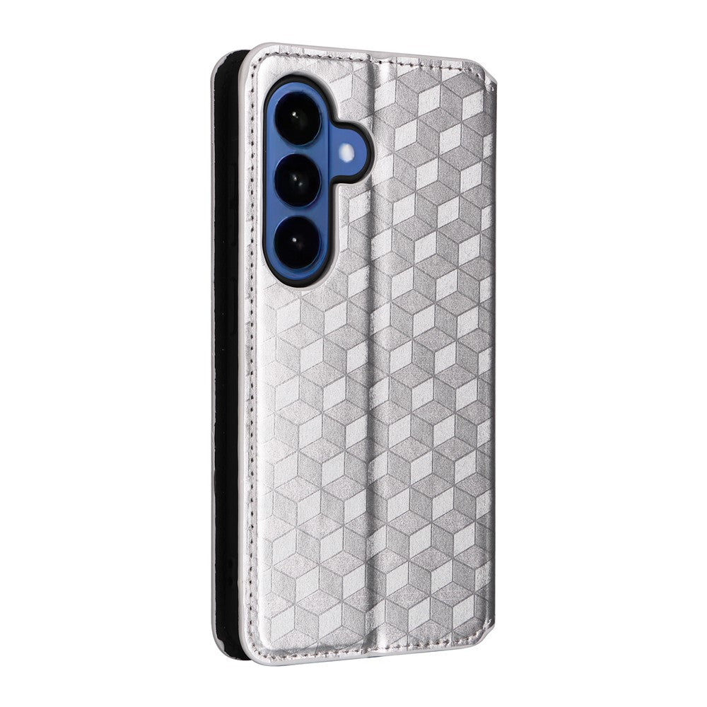 For-Samsung-Galaxy-S26-/-S26-Pro-Case-Wallet-Rhombus-Imprinted-Leather-Phone-Cover-Silver