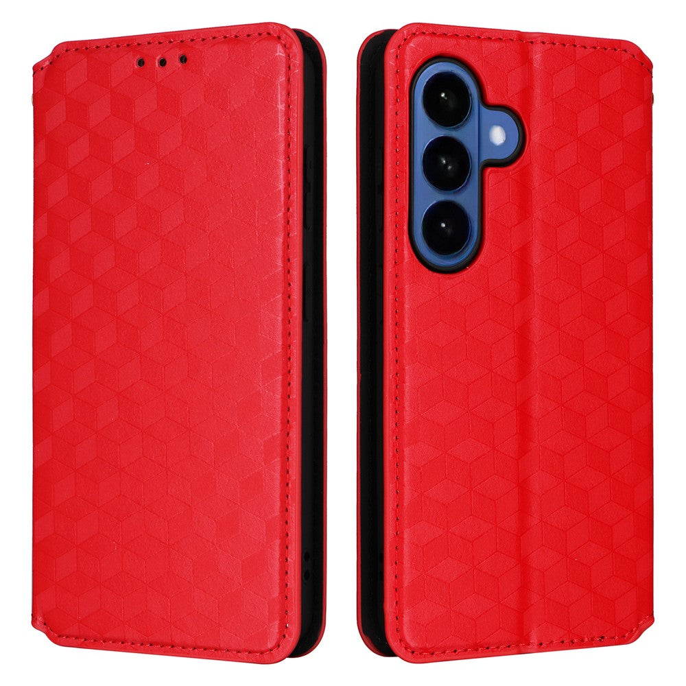 For-Samsung-Galaxy-S26-/-S26-Pro-Case-Wallet-Rhombus-Imprinted-Leather-Phone-Cover-Red