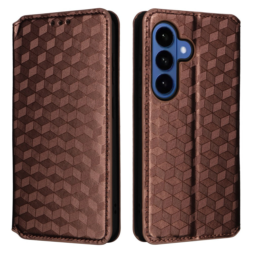 For-Samsung-Galaxy-S26-/-S26-Pro-Case-Wallet-Rhombus-Imprinted-Leather-Phone-Cover-Brown