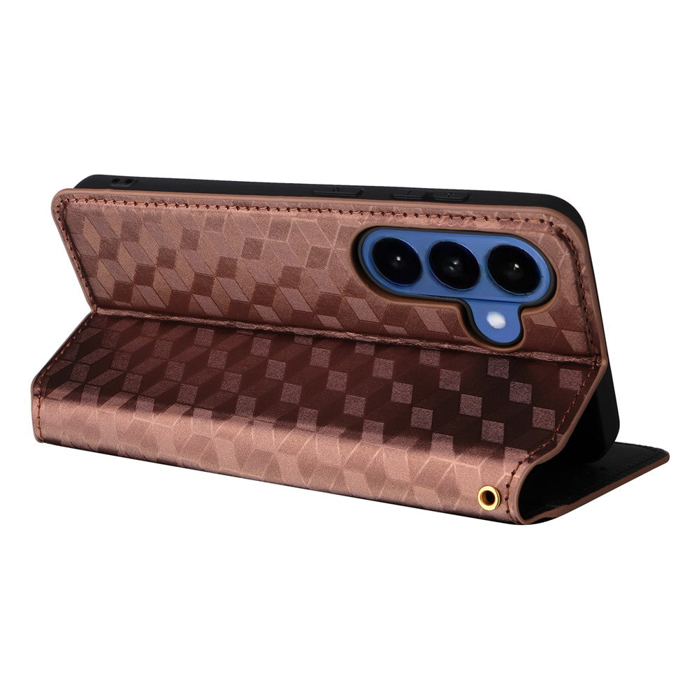 For-Samsung-Galaxy-S26-/-S26-Pro-Case-Wallet-Rhombus-Imprinted-Leather-Phone-Cover-Brown