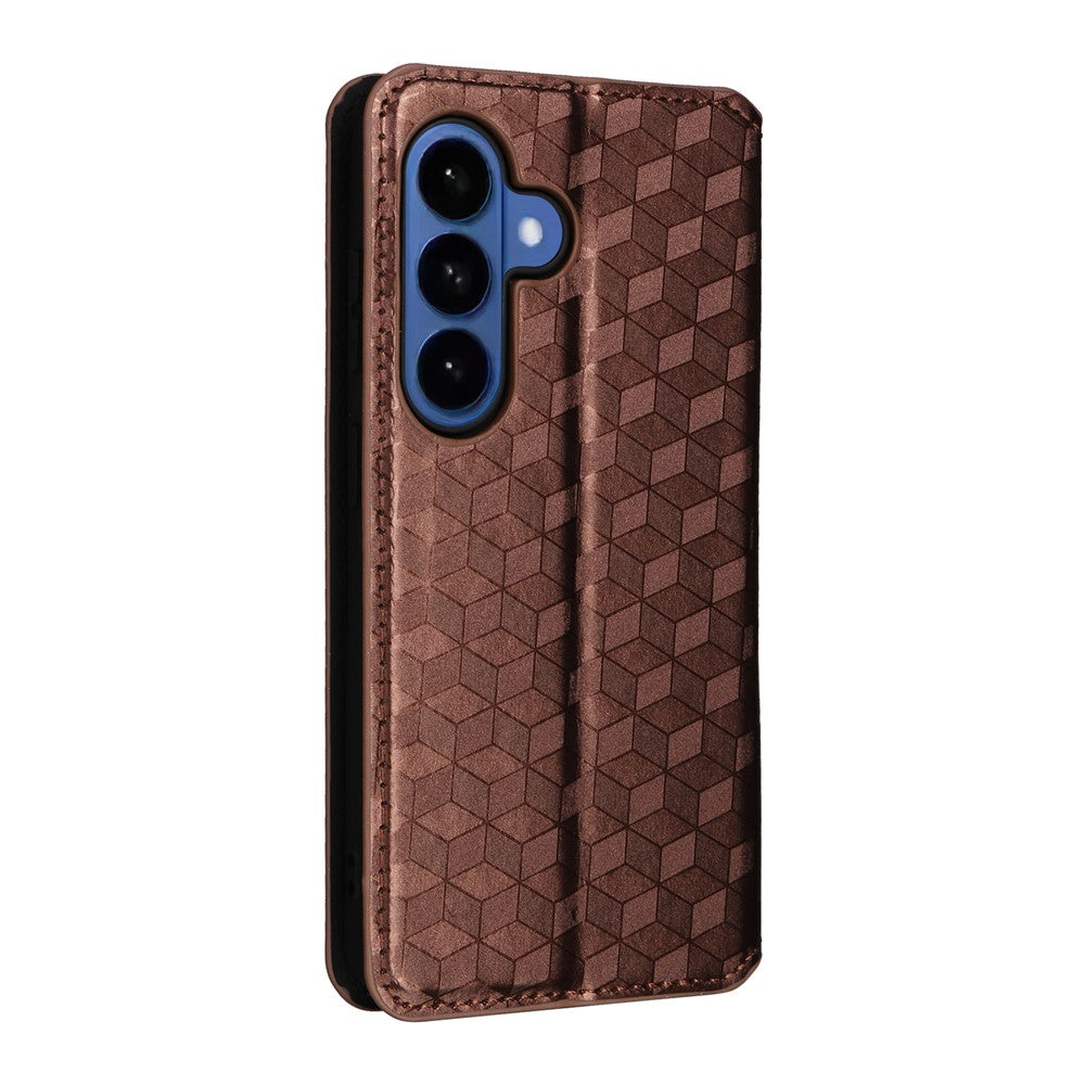 For-Samsung-Galaxy-S26-/-S26-Pro-Case-Wallet-Rhombus-Imprinted-Leather-Phone-Cover-Brown