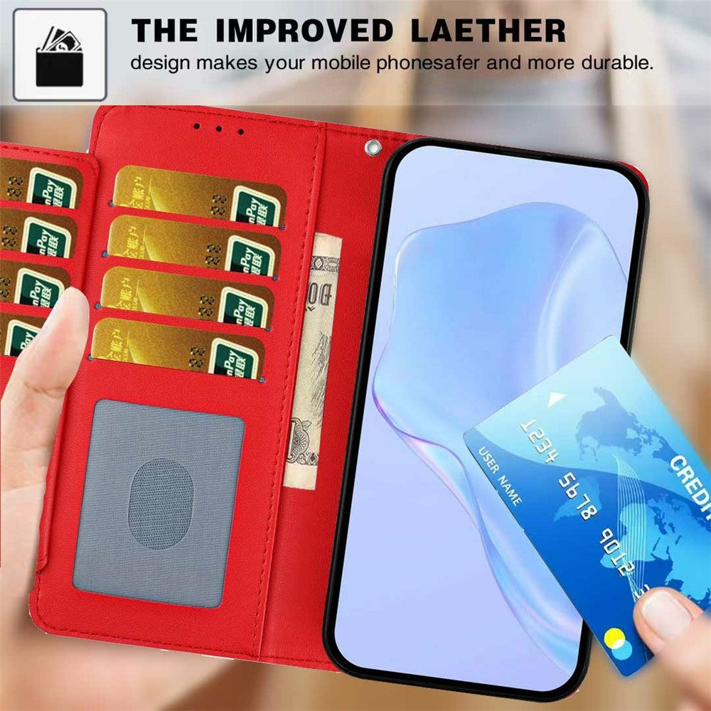 For Xiaomi Poco M8 Pro 5G / Redmi Note 15 Pro+ 5G (Global) Wallet Case with Strap / Multiple Card Slots Solid Color Leather Stand Phone Cover - Red