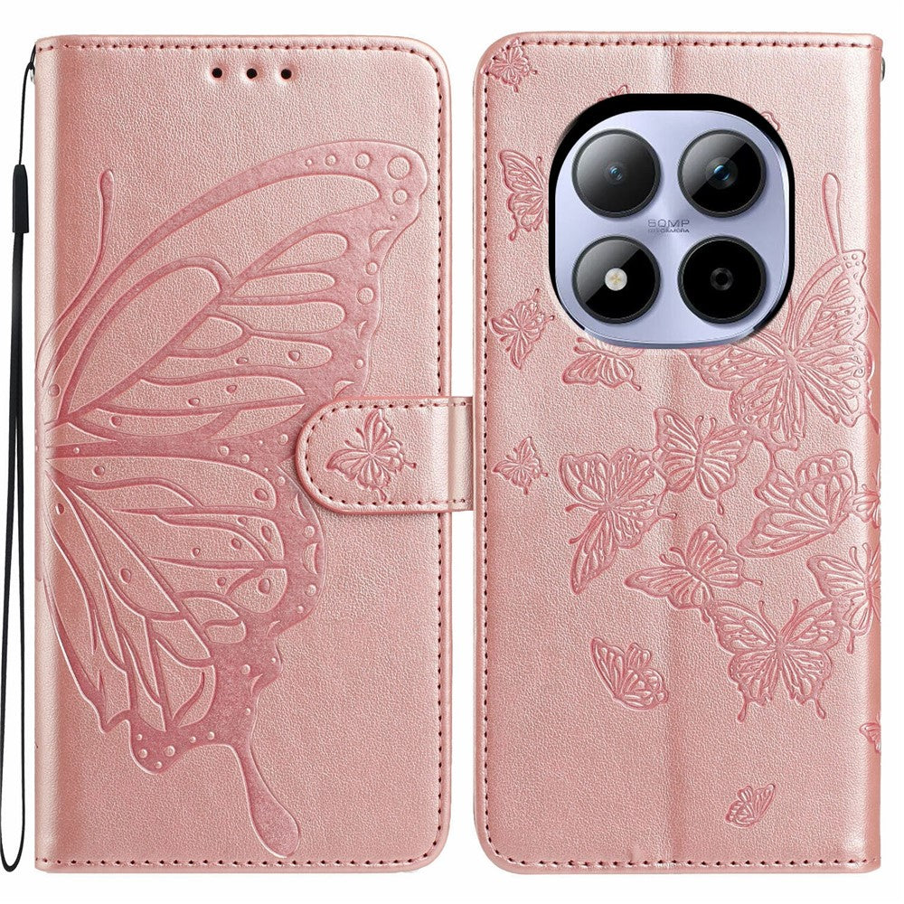 For Xiaomi Redmi Note 15 Pro 5G (Global) Case Butterfly Imprinted Wallet Stand PU Leather Flip Phone Cover with Strap - Rose Gold