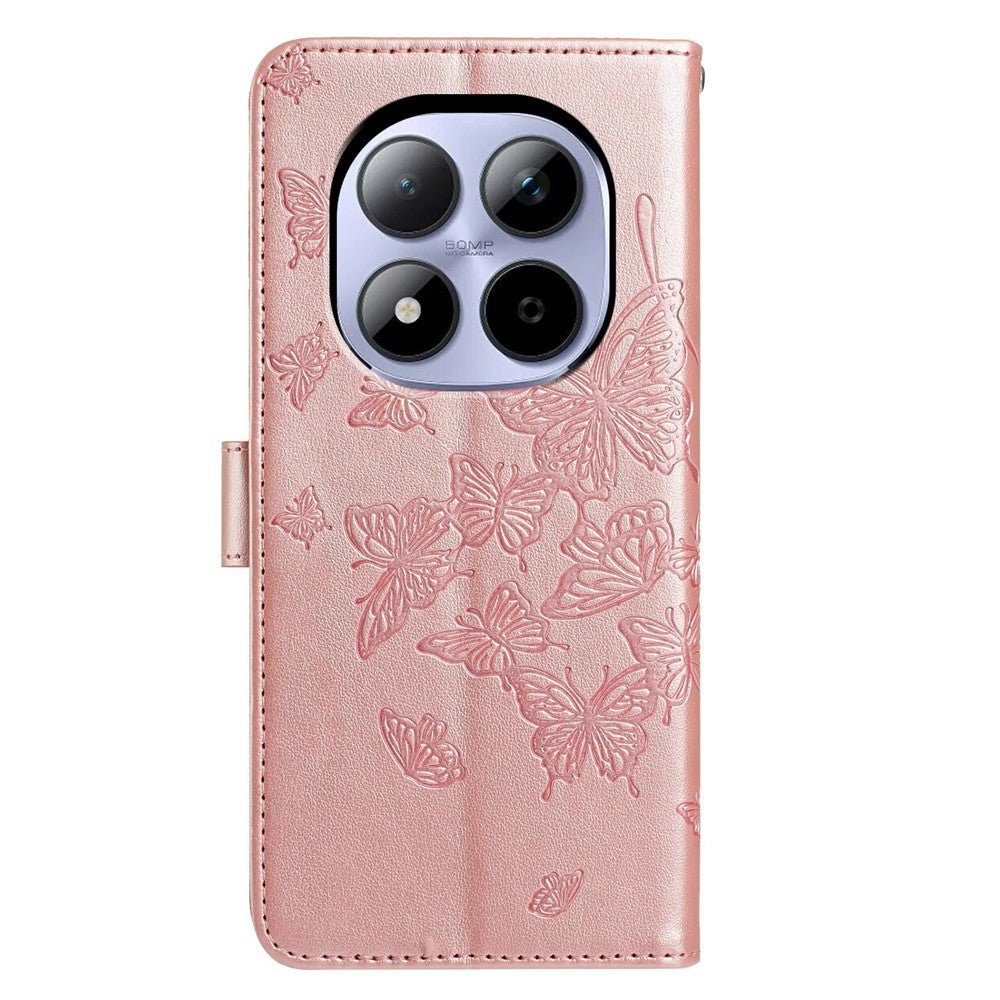 For Xiaomi Redmi Note 15 Pro 5G (Global) Case Butterfly Imprinted Wallet Stand PU Leather Flip Phone Cover with Strap - Rose Gold