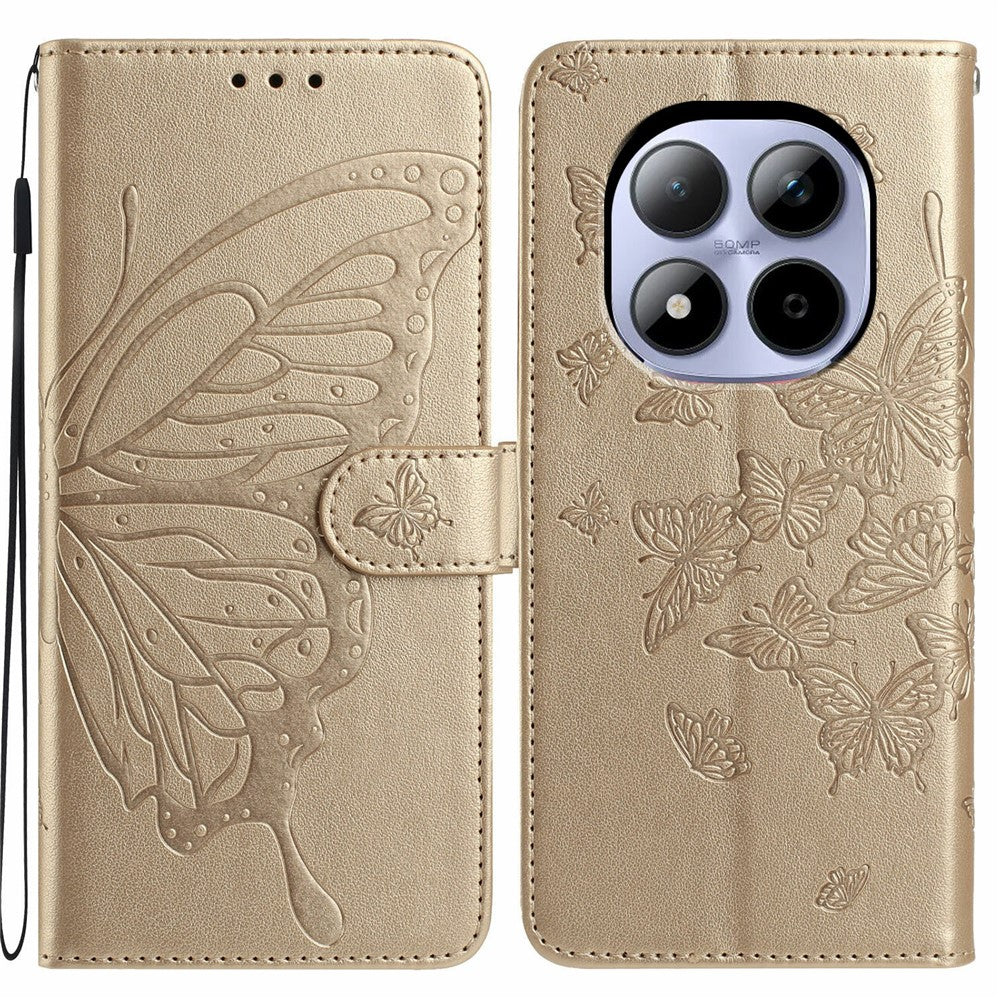 For Xiaomi Redmi Note 15 Pro 5G (Global) Case Butterfly Imprinted Wallet Stand PU Leather Flip Phone Cover with Strap - Gold