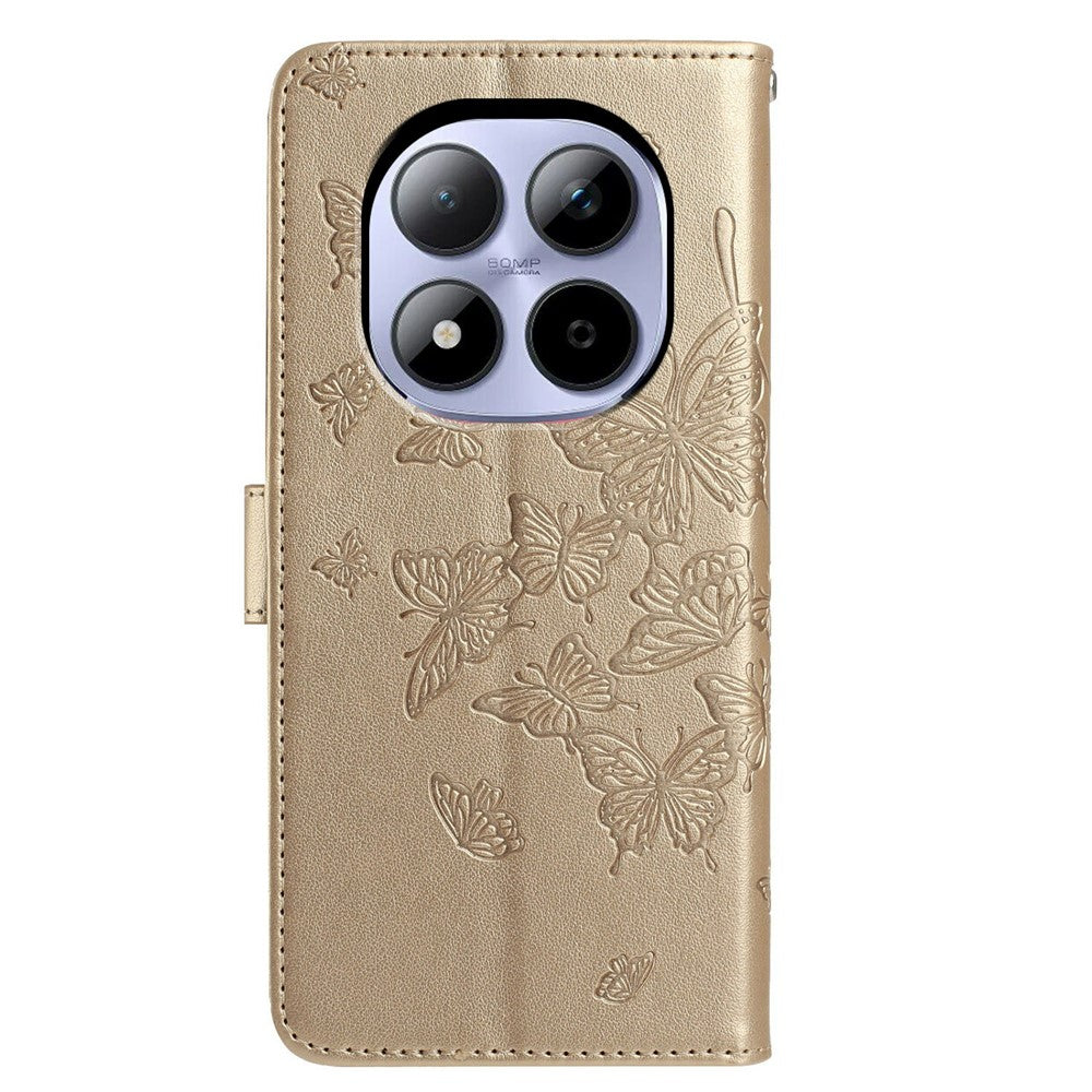For Xiaomi Redmi Note 15 Pro 5G (Global) Case Butterfly Imprinted Wallet Stand PU Leather Flip Phone Cover with Strap - Gold